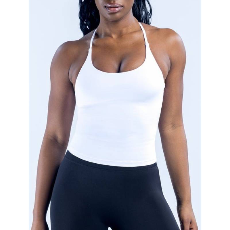 TKITK Women High-Stretch Crisscross Back Strap Long Tank Top 3-Layer Padded Built-in Bra Seamless Yoga Fitness Top