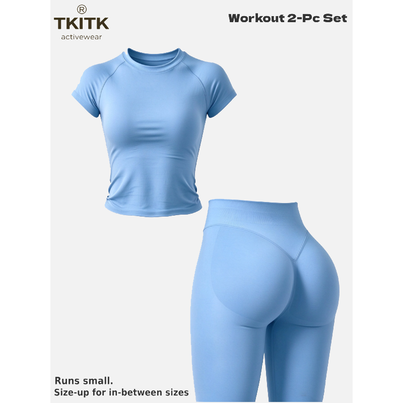 TKITK Women Seamless Workout Set, Short Sleeve Gym T-Shirt & Butt Lifting Yoga Leggings 2 Piece Activewear