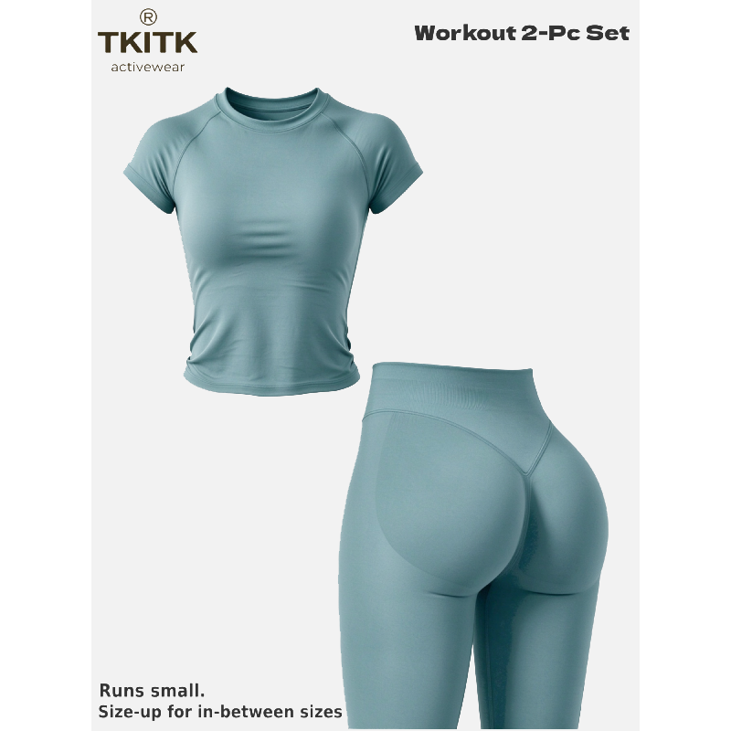TKITK Women Seamless Workout Set, Short Sleeve Gym T-Shirt & Butt Lifting Yoga Leggings 2 Piece Activewear
