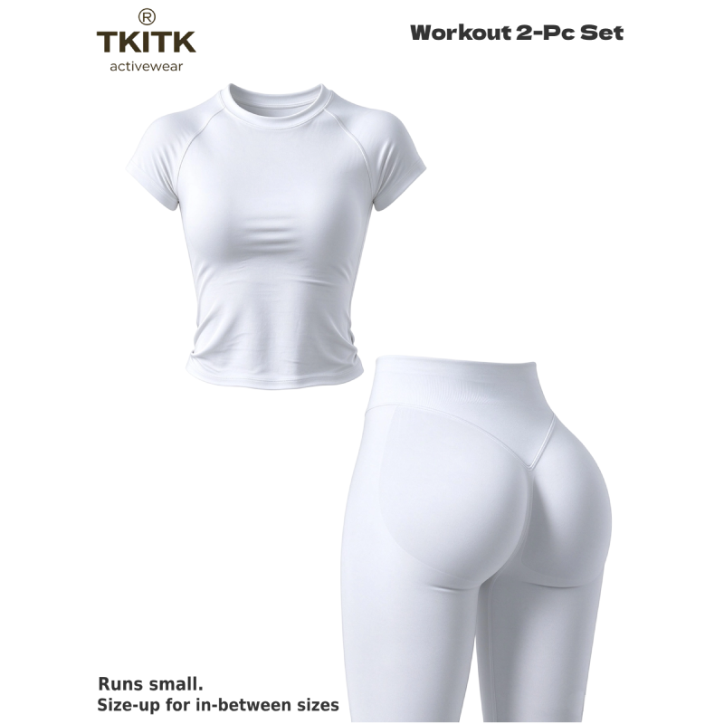 TKITK Women Seamless Workout Set, Short Sleeve Gym T-Shirt & Butt Lifting Yoga Leggings 2 Piece Activewear