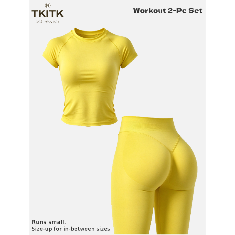 TKITK Women Seamless Workout Set, Short Sleeve Gym T-Shirt & Butt Lifting Yoga Leggings 2 Piece Activewear