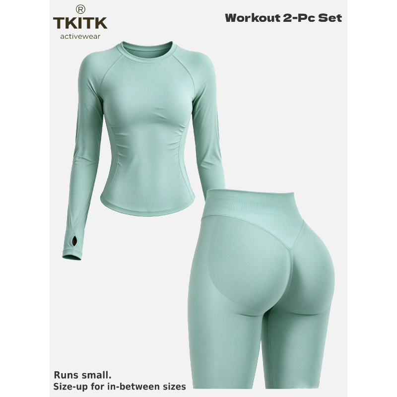 TKITK Seamless Yoga Outfit 2-Piece Set, Long Sleeve Workout Top & High Waist Tight Leggings, Super Soft Stretchy Activewear for Gym, Cycling & Daily Wear