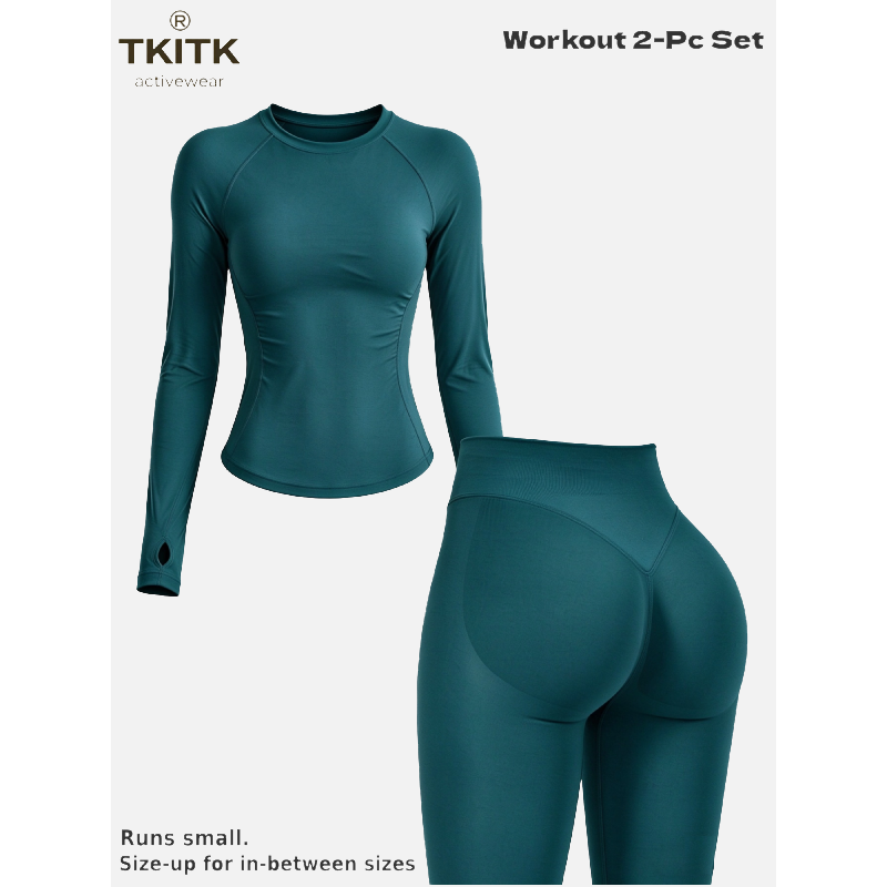 TKITK Seamless Yoga Outfit 2-Piece Set, Long Sleeve Workout Top & High Waist Tight Leggings, Super Soft Stretchy Activewear for Gym, Cycling & Daily Wear