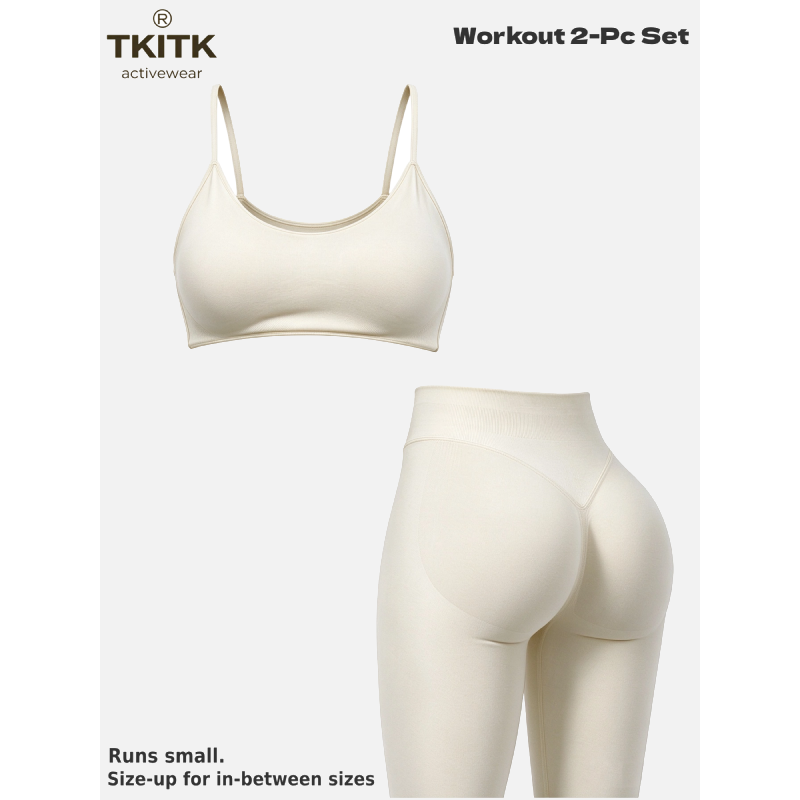 TKITK Seamless Soft Yoga Workout 2 Piece Set for Women, Minimal U Neck Sports Bra + Sculpt Tight Leggings, Gym Fitness Pilates Matching Outfit