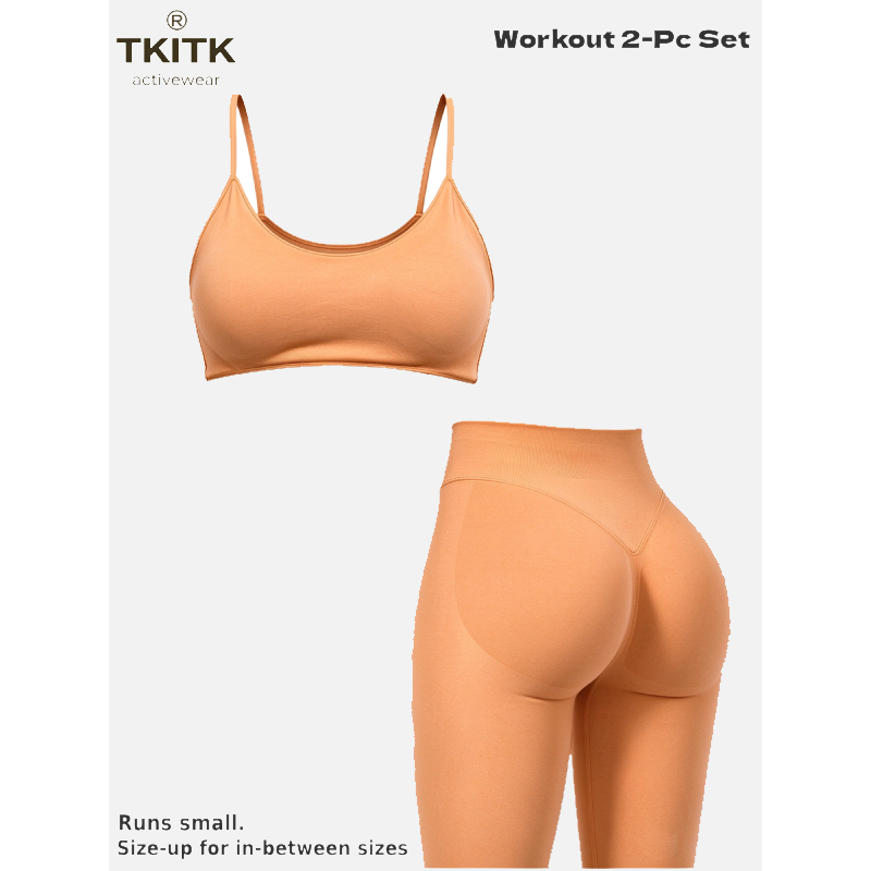 TKITK Seamless Soft Yoga Workout 2 Piece Set for Women, Minimal U Neck Sports Bra + Sculpt Tight Leggings, Gym Fitness Pilates Matching Outfit
