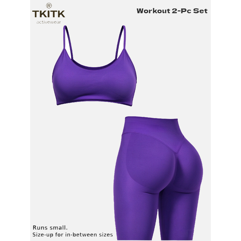 TKITK Seamless Soft Yoga Workout 2 Piece Set for Women, Minimal U Neck Sports Bra + Sculpt Tight Leggings, Gym Fitness Pilates Matching Outfit