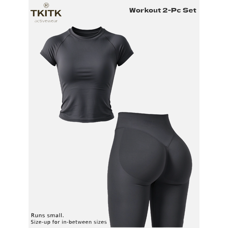TKITK Women Seamless Workout Set, Short Sleeve Gym T-Shirt & Butt Lifting Yoga Leggings 2 Piece Activewear