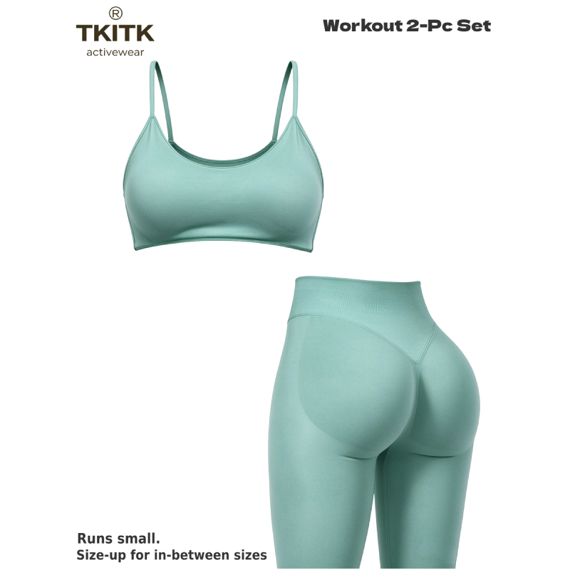 TKITK Seamless Soft Yoga Workout 2 Piece Set for Women, Minimal U Neck Sports Bra + Sculpt Tight Leggings, Gym Fitness Pilates Matching Outfit