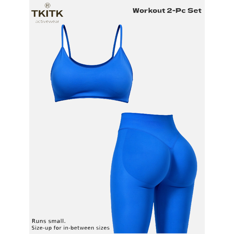 TKITK Seamless Soft Yoga Workout 2 Piece Set for Women, Minimal U Neck Sports Bra + Sculpt Tight Leggings, Gym Fitness Pilates Matching Outfit