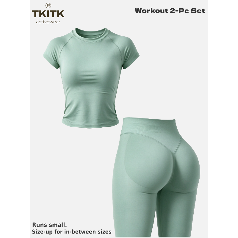 TKITK Women Seamless Workout Set, Short Sleeve Gym T-Shirt & Butt Lifting Yoga Leggings 2 Piece Activewear