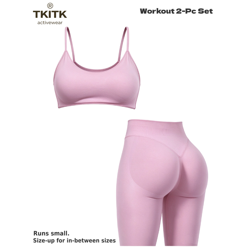 TKITK Seamless Soft Yoga Workout 2 Piece Set for Women, Minimal U Neck Sports Bra + Sculpt Tight Leggings, Gym Fitness Pilates Matching Outfit