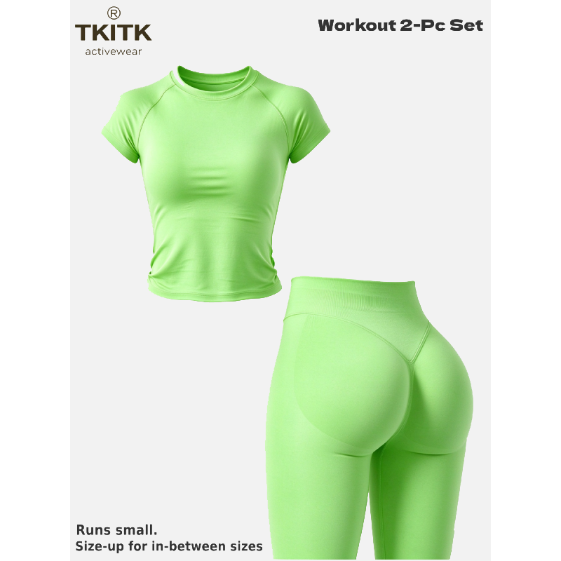 TKITK Women Seamless Workout Set, Short Sleeve Gym T-Shirt & Butt Lifting Yoga Leggings 2 Piece Activewear