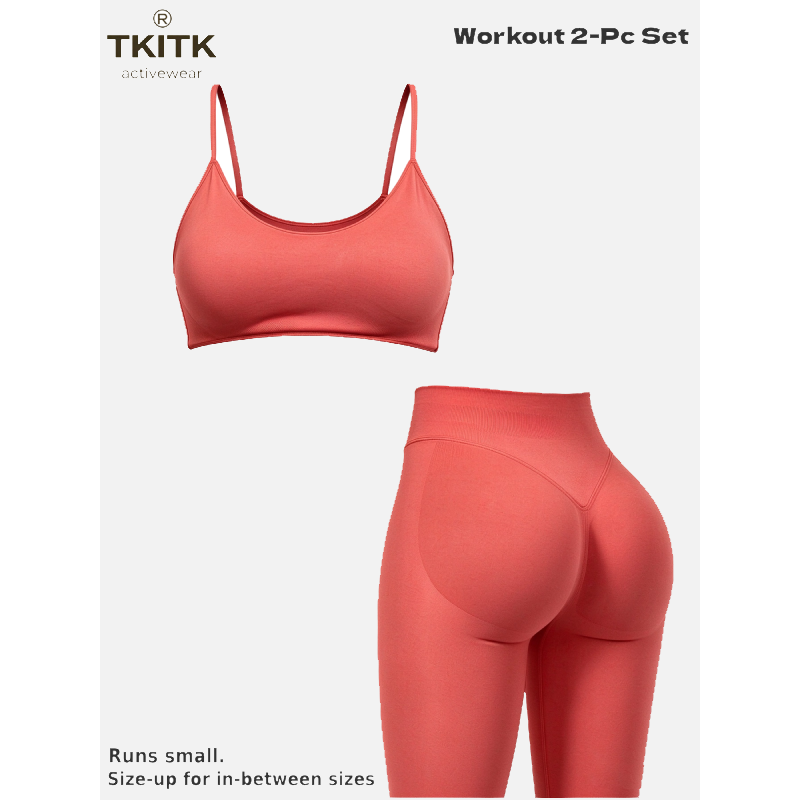 TKITK Seamless Soft Yoga Workout 2 Piece Set for Women, Minimal U Neck Sports Bra + Sculpt Tight Leggings, Gym Fitness Pilates Matching Outfit