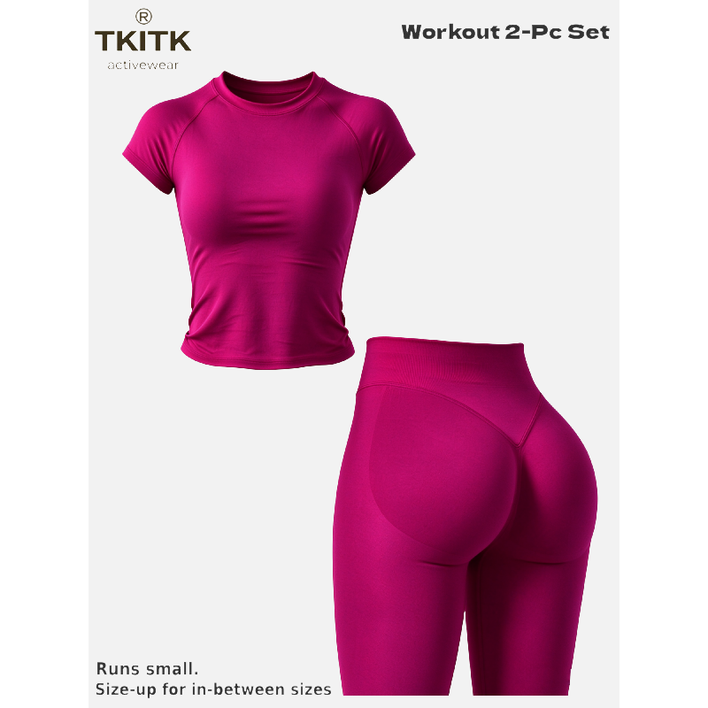 TKITK Women Seamless Workout Set, Short Sleeve Gym T-Shirt & Butt Lifting Yoga Leggings 2 Piece Activewear