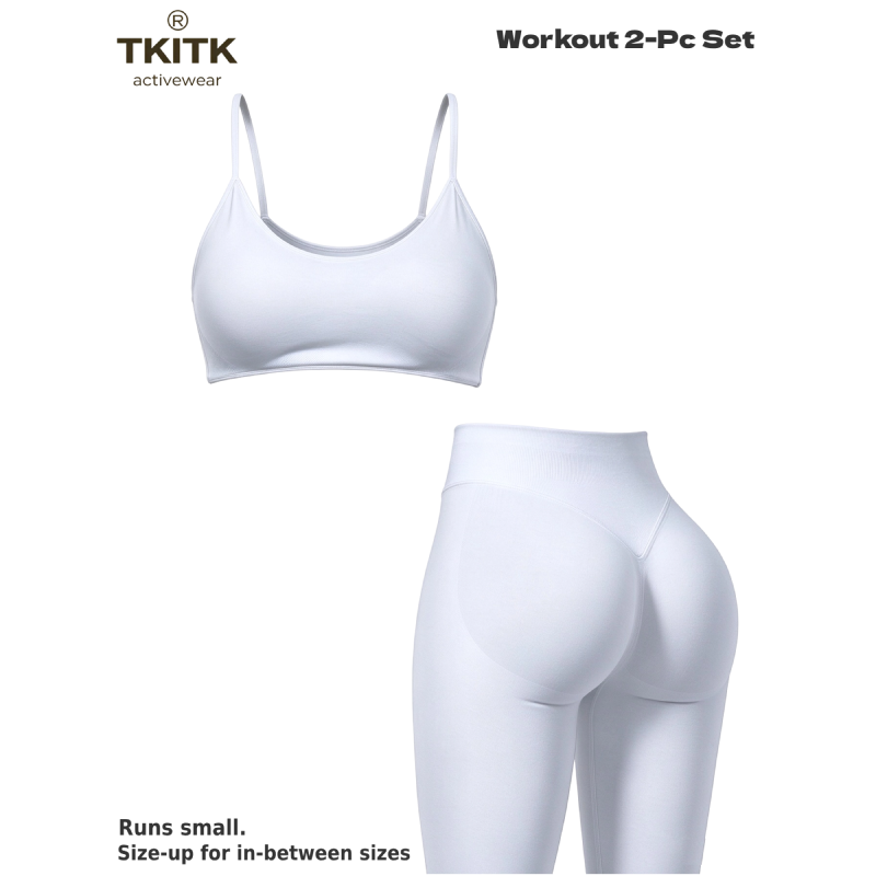 TKITK Seamless Soft Yoga Workout 2 Piece Set for Women, Minimal U Neck Sports Bra + Sculpt Tight Leggings, Gym Fitness Pilates Matching Outfit