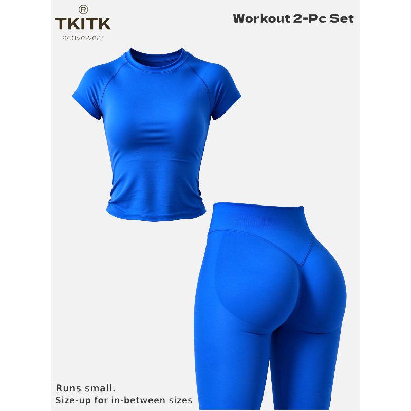 TKITK Women Seamless Workout Set, Short Sleeve Gym T-Shirt & Butt Lifting Yoga Leggings 2 Piece Activewear