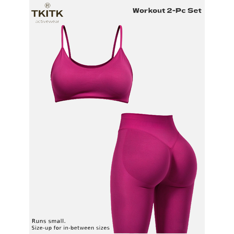 TKITK Seamless Soft Yoga Workout 2 Piece Set for Women, Minimal U Neck Sports Bra + Sculpt Tight Leggings, Gym Fitness Pilates Matching Outfit