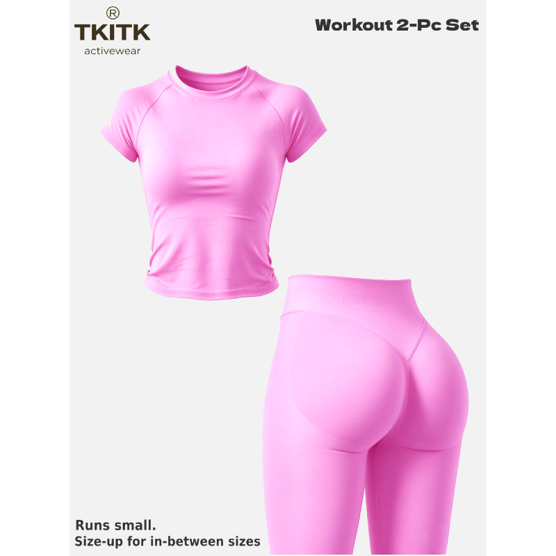 TKITK Women Seamless Workout Set, Short Sleeve Gym T-Shirt & Butt Lifting Yoga Leggings 2 Piece Activewear