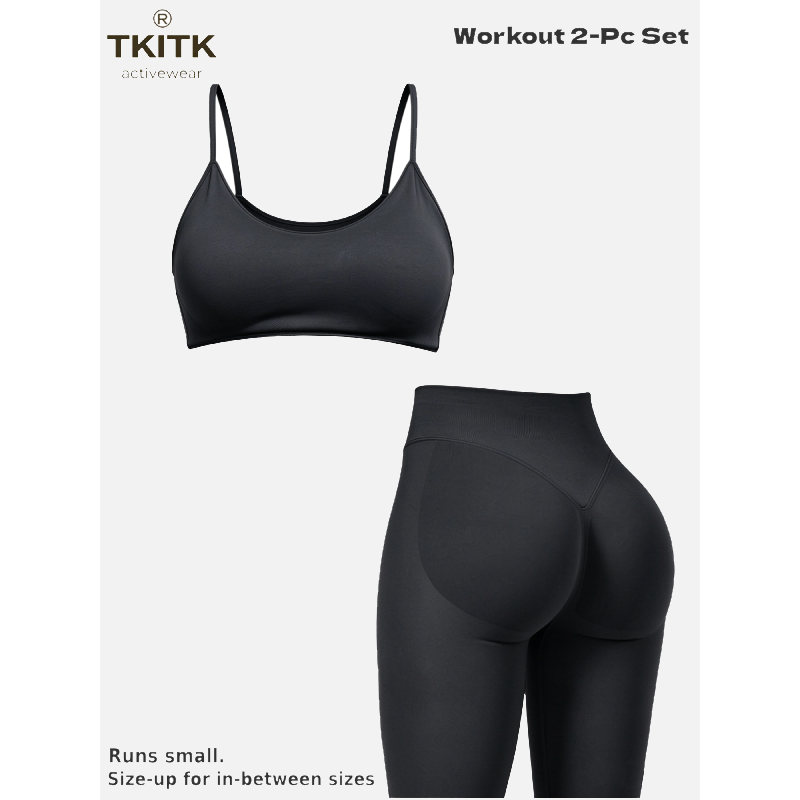 TKITK Seamless Soft Yoga Workout 2 Piece Set for Women, Minimal U Neck Sports Bra + Sculpt Tight Leggings, Gym Fitness Pilates Matching Outfit