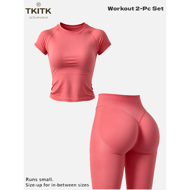 TKITK Women Seamless Workout Set, Short Sleeve Gym T-Shirt & Butt Lifting Yoga Leggings 2 Piece Activewear