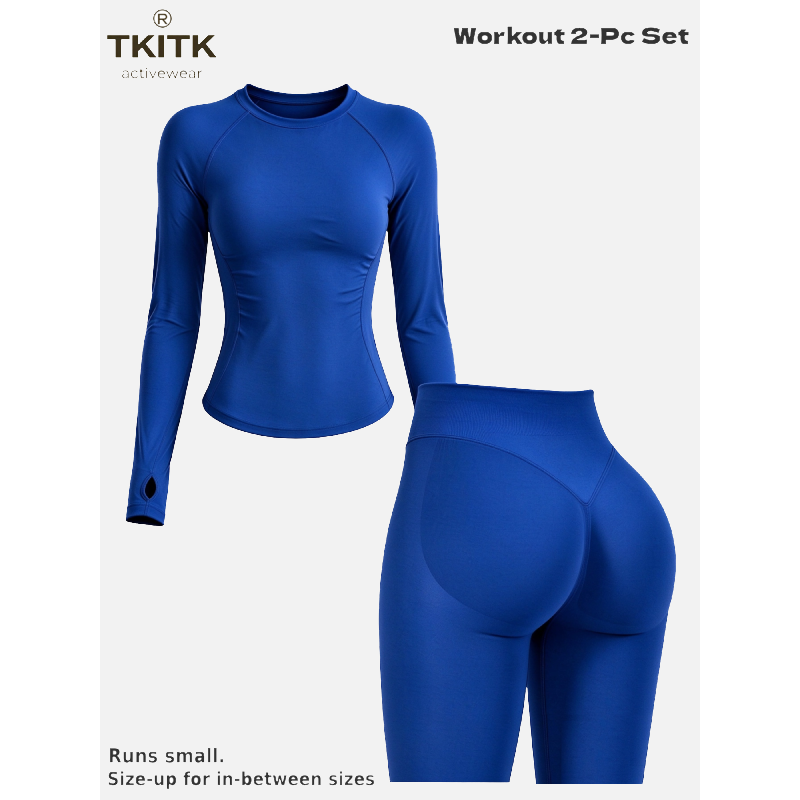 TKITK Seamless Yoga Outfit 2-Piece Set, Long Sleeve Workout Top & High Waist Tight Leggings, Super Soft Stretchy Activewear for Gym, Cycling & Daily Wear