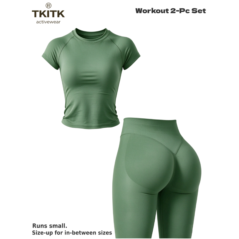 TKITK Women Seamless Workout Set, Short Sleeve Gym T-Shirt & Butt Lifting Yoga Leggings 2 Piece Activewear