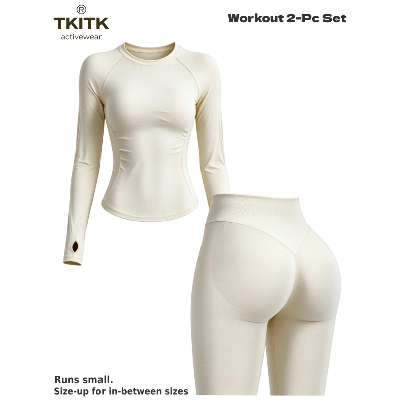 TKITK Seamless Yoga Outfit 2-Piece Set, Long Sleeve Workout Top & High Waist Tight Leggings, Super Soft Stretchy Activewear for Gym, Cycling & Daily Wear