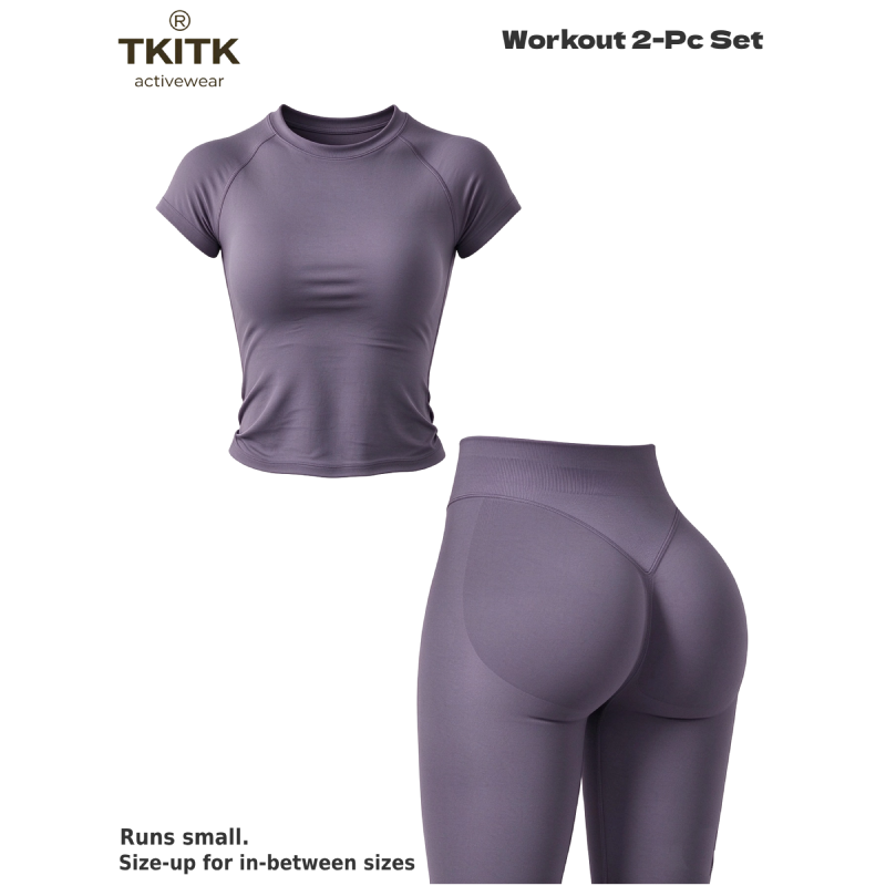 TKITK Women Seamless Workout Set, Short Sleeve Gym T-Shirt & Butt Lifting Yoga Leggings 2 Piece Activewear