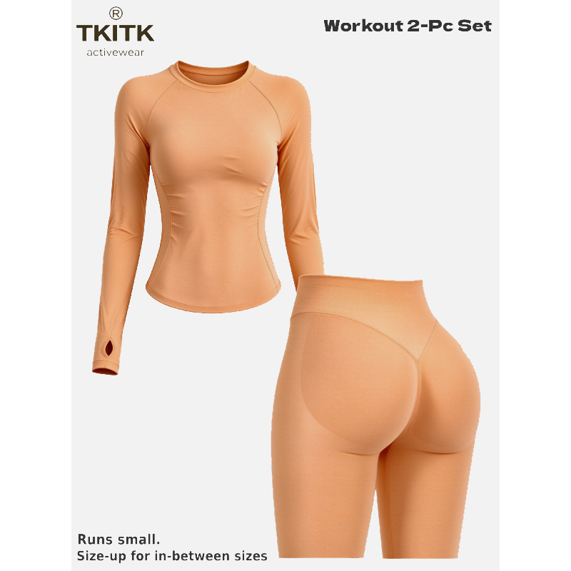 TKITK Seamless Yoga Outfit 2-Piece Set, Long Sleeve Workout Top & High Waist Tight Leggings, Super Soft Stretchy Activewear for Gym, Cycling & Daily Wear