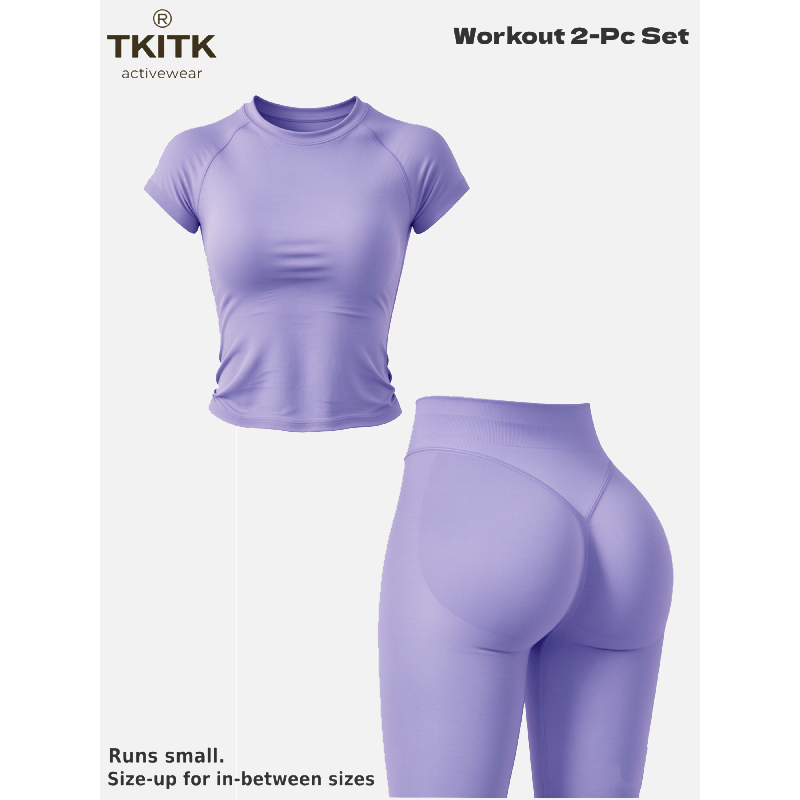 TKITK Women Seamless Workout Set, Short Sleeve Gym T-Shirt & Butt Lifting Yoga Leggings 2 Piece Activewear