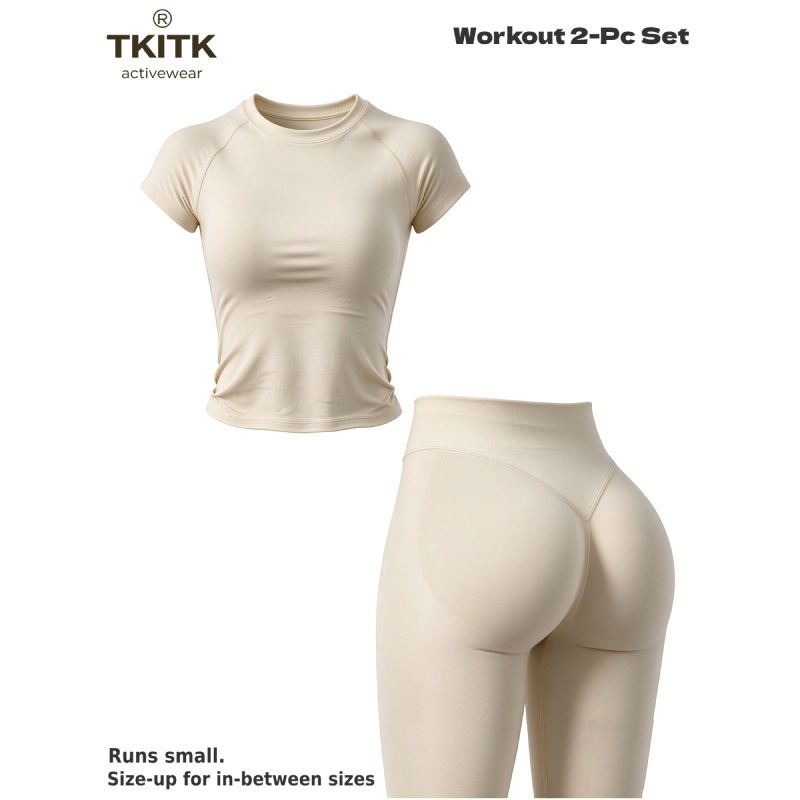 TKITK Women Seamless Workout Set, Short Sleeve Gym T-Shirt & Butt Lifting Yoga Leggings 2 Piece Activewear