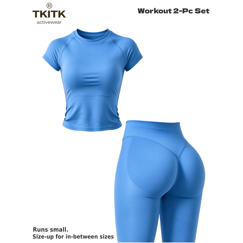 TKITK Women Seamless Workout Set, Short Sleeve Gym T-Shirt & Butt Lifting Yoga Leggings 2 Piece Activewear