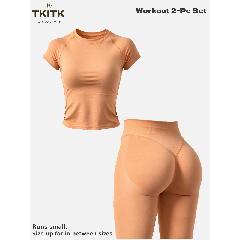 TKITK Women Seamless Workout Set, Short Sleeve Gym T-Shirt & Butt Lifting Yoga Leggings 2 Piece Activewear