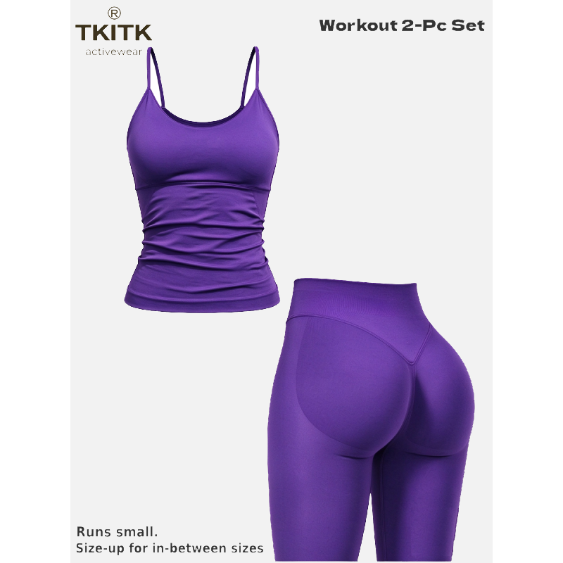 TKITK Women Seamless Workout 2 Piece Set, U-Neck Cami Top & High Waist Scrunch Butt Leggings, Soft Gym Yoga Outfit