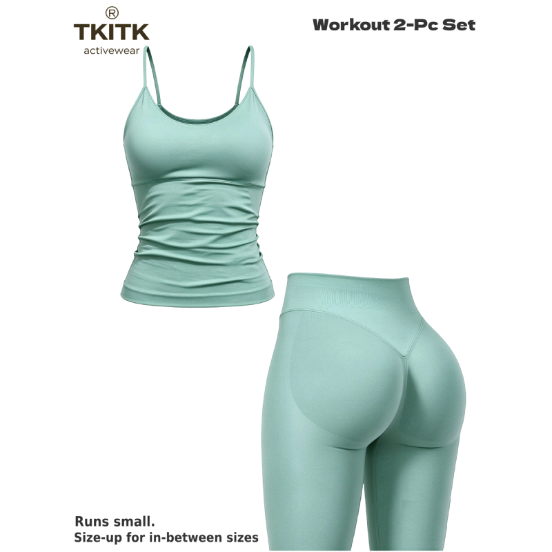 TKITK Women Seamless Workout 2 Piece Set, U-Neck Cami Top & High Waist Scrunch Butt Leggings, Soft Gym Yoga Outfit