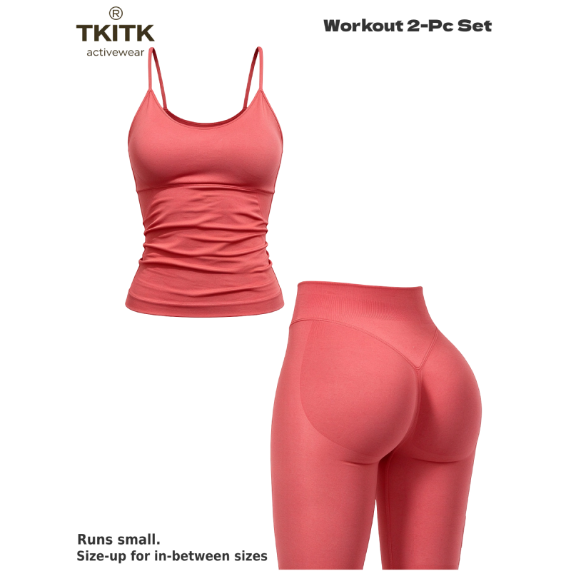 TKITK Women Seamless Workout 2 Piece Set, U-Neck Cami Top & High Waist Scrunch Butt Leggings, Soft Gym Yoga Outfit