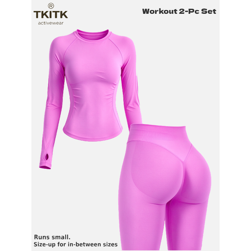 TKITK Seamless Yoga Outfit 2-Piece Set, Long Sleeve Workout Top & High Waist Tight Leggings, Super Soft Stretchy Activewear for Gym, Cycling & Daily Wear