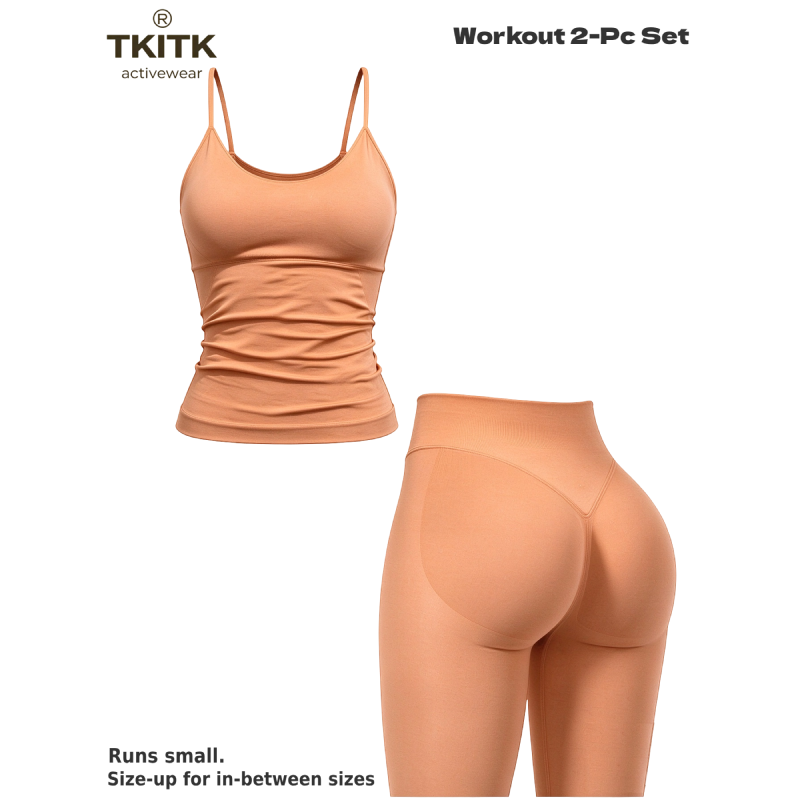 TKITK Women Seamless Workout 2 Piece Set, U-Neck Cami Top & High Waist Scrunch Butt Leggings, Soft Gym Yoga Outfit