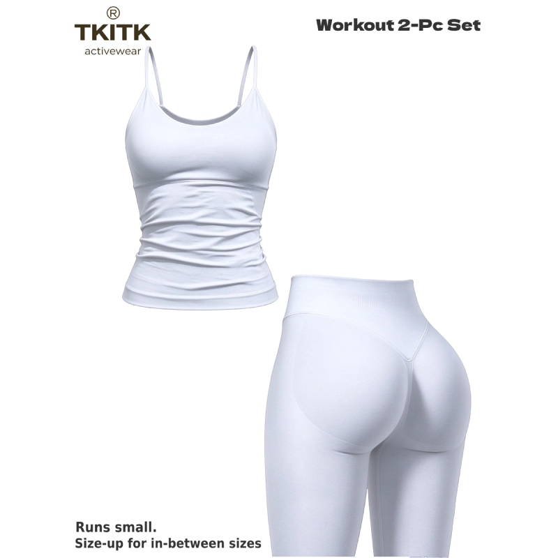 TKITK Women Seamless Workout 2 Piece Set, U-Neck Cami Top & High Waist Scrunch Butt Leggings, Soft Gym Yoga Outfit