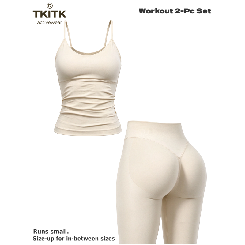TKITK Women Seamless Workout 2 Piece Set, U-Neck Cami Top & High Waist Scrunch Butt Leggings, Soft Gym Yoga Outfit