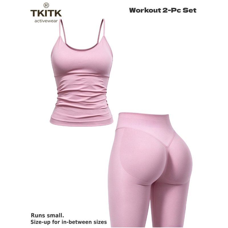 TKITK Women Seamless Workout 2 Piece Set, U-Neck Cami Top & High Waist Scrunch Butt Leggings, Soft Gym Yoga Outfit