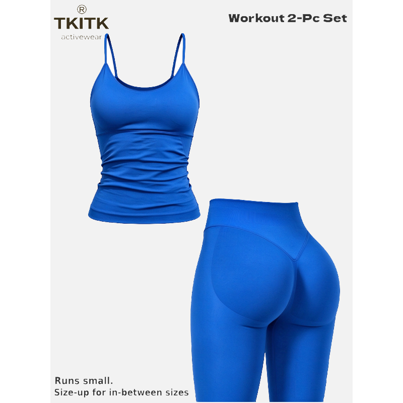 TKITK Women Seamless Workout 2 Piece Set, U-Neck Cami Top & High Waist Scrunch Butt Leggings, Soft Gym Yoga Outfit