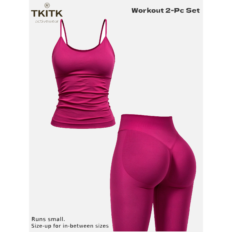 TKITK Women Seamless Workout 2 Piece Set, U-Neck Cami Top & High Waist Scrunch Butt Leggings, Soft Gym Yoga Outfit