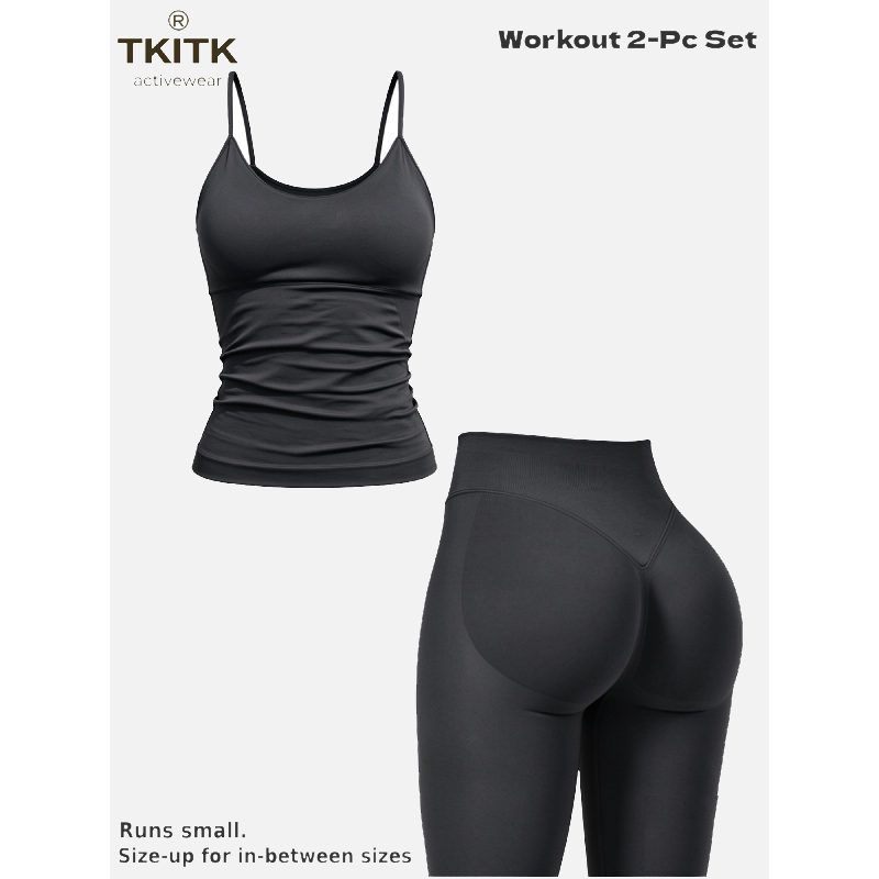 TKITK Women Seamless Workout 2 Piece Set, U-Neck Cami Top & High Waist Scrunch Butt Leggings, Soft Gym Yoga Outfit