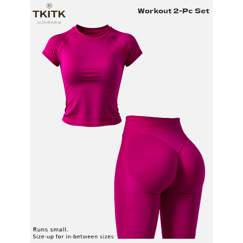 TKITK Women Seamless Workout Set, Short Sleeve Gym T-Shirt & Butt Lifting Yoga Leggings 2 Piece Activewear