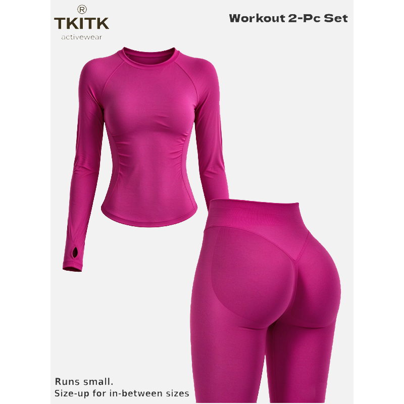 TKITK Seamless Yoga Outfit 2-Piece Set, Long Sleeve Workout Top & High Waist Tight Leggings, Super Soft Stretchy Activewear for Gym, Cycling & Daily Wear