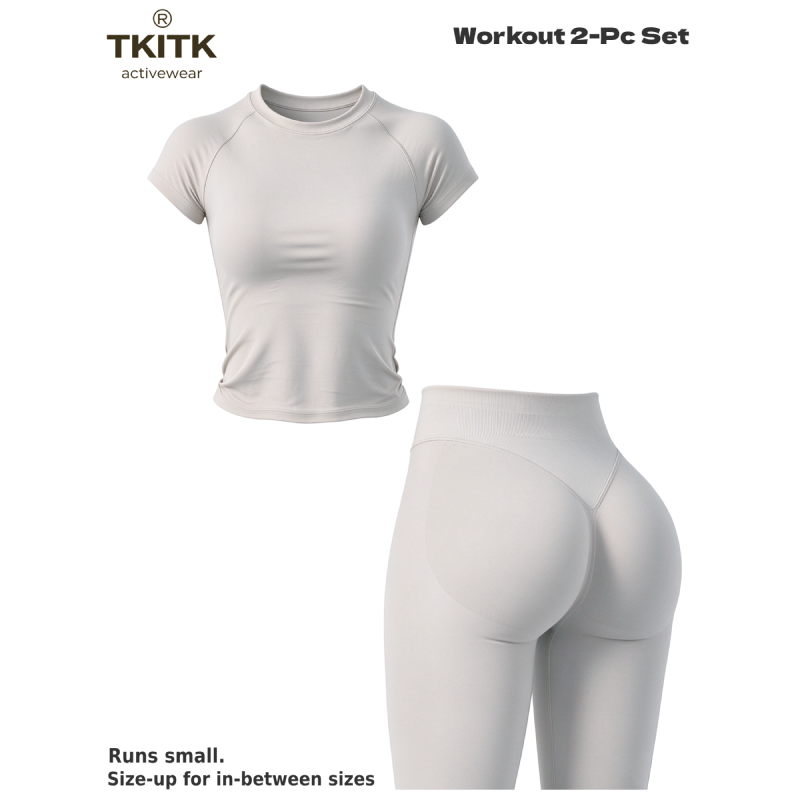 TKITK Women Seamless Workout Set, Short Sleeve Gym T-Shirt & Butt Lifting Yoga Leggings 2 Piece Activewear
