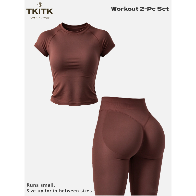 TKITK Women Seamless Workout Set, Short Sleeve Gym T-Shirt & Butt Lifting Yoga Leggings 2 Piece Activewear