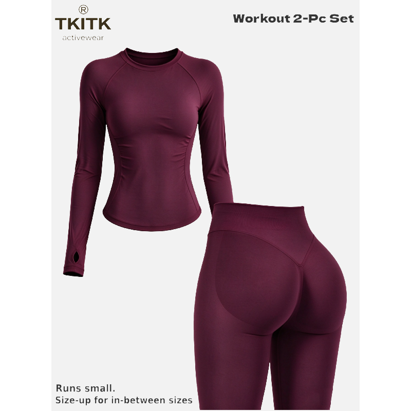 TKITK Seamless Yoga Outfit 2-Piece Set, Long Sleeve Workout Top & High Waist Tight Leggings, Super Soft Stretchy Activewear for Gym, Cycling & Daily Wear