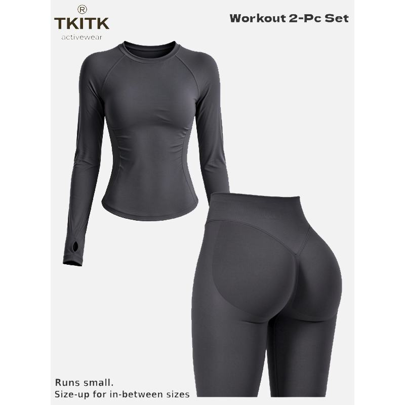 TKITK Seamless Yoga Outfit 2-Piece Set, Long Sleeve Workout Top & High Waist Tight Leggings, Super Soft Stretchy Activewear for Gym, Cycling & Daily Wear